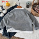 Babys Boys Waffle Grid Long Sleeved V-neck T-shirt Spring Autumn 2025 Pullover Cotton Hoodie Kids Handsome Fake Two Items Tops