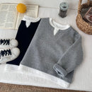 Babys Boys Waffle Grid Long Sleeved V-neck T-shirt Spring Autumn 2025 Pullover Cotton Hoodie Kids Handsome Fake Two Items Tops