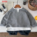 Babys Boys Waffle Grid Long Sleeved V-neck T-shirt Spring Autumn 2025 Pullover Cotton Hoodie Kids Handsome Fake Two Items Tops