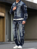 Men's spring and autumn denim suit, multi - pocket design, wide straight - leg pants style