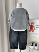 Babys Boys Waffle Grid Long Sleeved V-neck T-shirt Spring Autumn 2025 Pullover Cotton Hoodie Kids Handsome Fake Two Items Tops