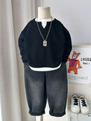 Babys Boys Waffle Grid Long Sleeved V-neck T-shirt Spring Autumn 2025 Pullover Cotton Hoodie Kids Handsome Fake Two Items Tops