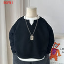 Babys Boys Waffle Grid Long Sleeved V-neck T-shirt Spring Autumn 2025 Pullover Cotton Hoodie Kids Handsome Fake Two Items Tops