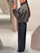 Vintage Stand Collar Women's Cropped Jacket Zipper Loose Full Sleeve Thick Warm Coat 2025 Autumn Winter Lady New in Outwear