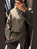 Vintage Stand Collar Women's Cropped Jacket Zipper Loose Full Sleeve Thick Warm Coat 2025 Autumn Winter Lady New in Outwear