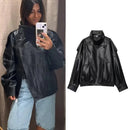TFMLN Chic Black Faux Leather Jackets Women Long Sleeve Buttons Elastic Oversized Coats Fashion 2025 Autumn Winter Streetwear