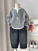Babys Boys Waffle Grid Long Sleeved V-neck T-shirt Spring Autumn 2025 Pullover Cotton Hoodie Kids Handsome Fake Two Items Tops