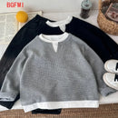 Babys Boys Waffle Grid Long Sleeved V-neck T-shirt Spring Autumn 2025 Pullover Cotton Hoodie Kids Handsome Fake Two Items Tops